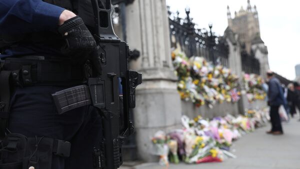 Policía británico cerca del Palacio de Westminster - Sputnik Mundo