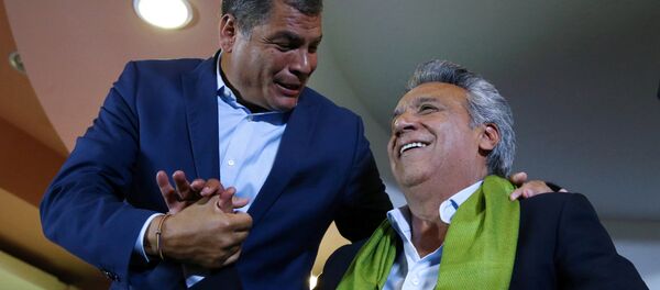 Ecuadorean presidential candidate Lenin Moreno is greeted by Ecuador's President Rafael Correa while waiting for the results of the national election in a hotel, in Quito Ecuadorean presidential candidate Lenin Moreno is greeted by Ecuador's President Rafael Correa while waiting for the results of the national election in a hotel, in Quito - Sputnik Mundo