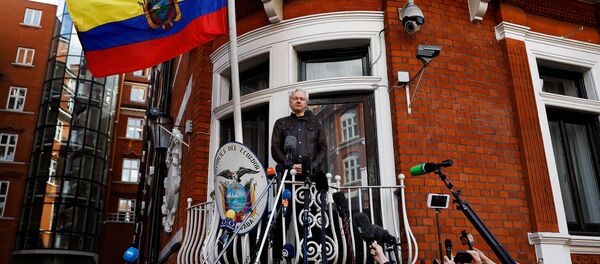 Julian Assange en el balcón de la Embajada de Ecuador en Londres - Sputnik Mundo