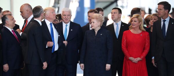 Donald Trump ajusta su chaqueta después de empujar al primer ministro de Montenegro Dusko Markovic - Sputnik Mundo