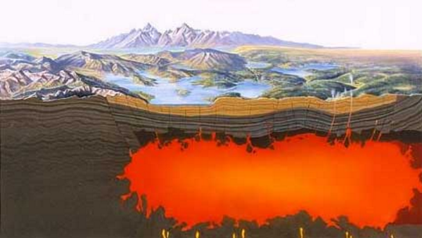 Ubicación de la cámara magmática bajo el supervolcán o caldera de Yellowstone Ubicación de la cámara magmática bajo el supervolcán o caldera de Yellowstone - Sputnik Mundo