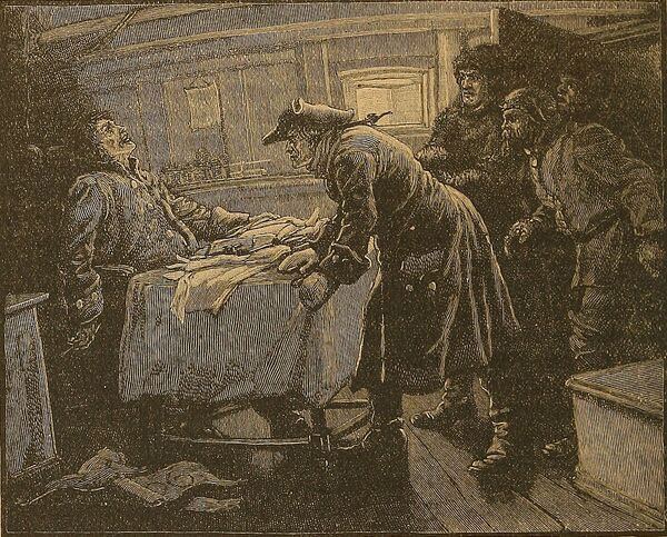 Ilustración antigua del momento en el que la tripulación entra en el camarote y descubre al capitán congelado. - Sputnik Mundo