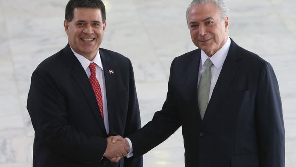 Los presidentes Michel Temer, de Brasil, y Horacio Cartes, de Paraguay. Los presidentes Michel Temer, de Brasil, y Horacio Cartes, de Paraguay. - Sputnik Mundo