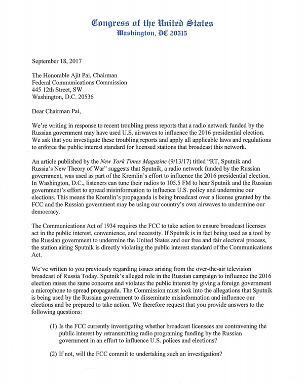 Carta de la Cámara de Representantes de EEUU al presidente de la Comisión Federal de Comunicaciones Carta de la Cámara de Representantes de EEUU al presidente de la Comisión Federal de Comunicaciones - Sputnik Mundo