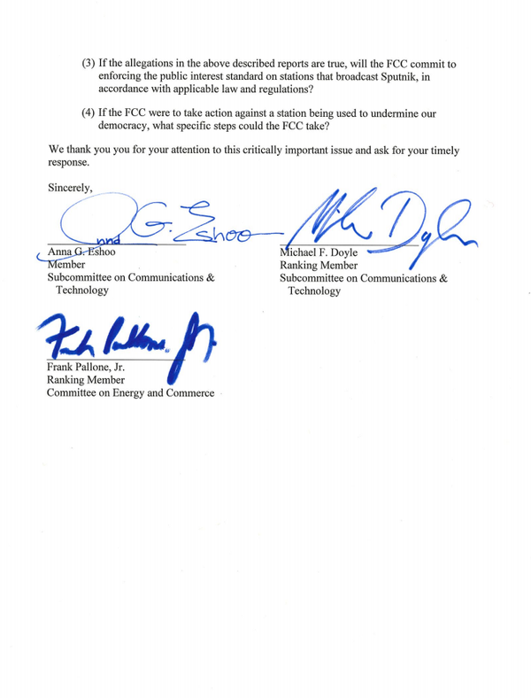 Carta de la Cámara de Representantes de EEUU al presidente de la Comisión Federal de Comunicaciones Carta de la Cámara de Representantes de EEUU al presidente de la Comisión Federal de Comunicaciones - Sputnik Mundo