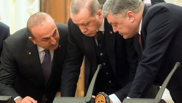 Ministro de Exteriores turco, Mevlut Cavusoglu, presidente turco, Recep Tayyip Erdogan, y presidente ucraniano, Petró Poroshenko Ministro de Exteriores turco, Mevlut Cavusoglu, presidente turco, Recep Tayyip Erdogan, y presidente ucraniano, Petró Poroshenko - Sputnik Mundo