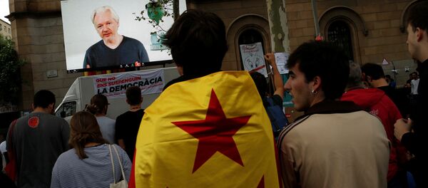 Julian Assange durante una videoconferencia en Barcelona - Sputnik Mundo