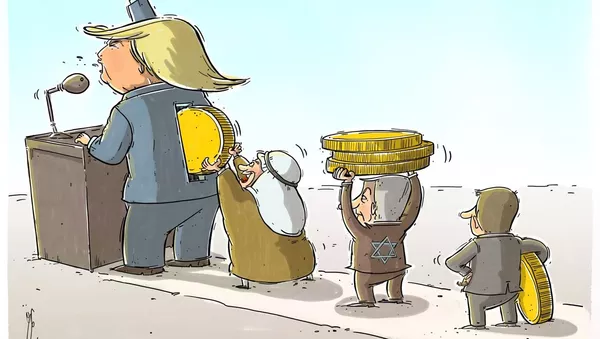 Una de las caricaturas de Donald Trump con el Golfo como telón de fondo publicadas en Irán - Sputnik Mundo