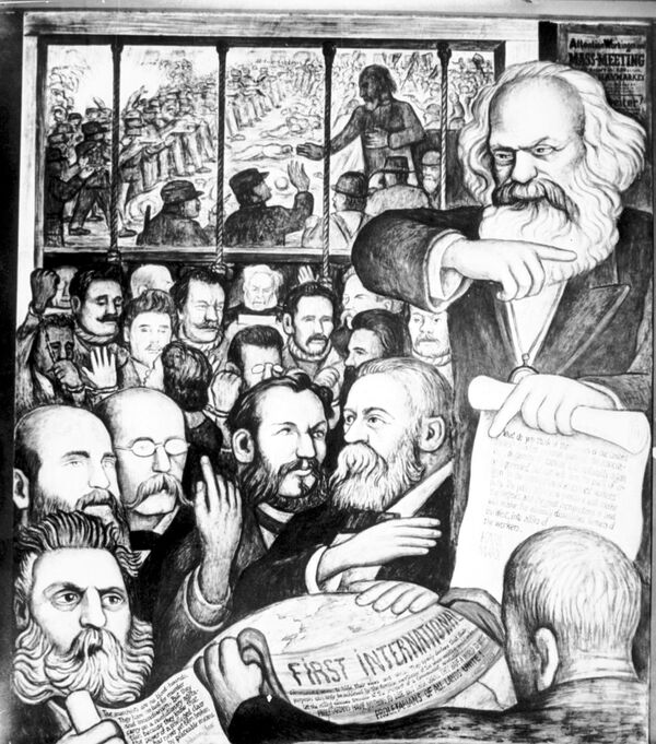 Un panel de Diego Rivera con Karl Marx, Terrance Powderly, Friedrich Engels, y los mártires de Haymarket  - Sputnik Mundo