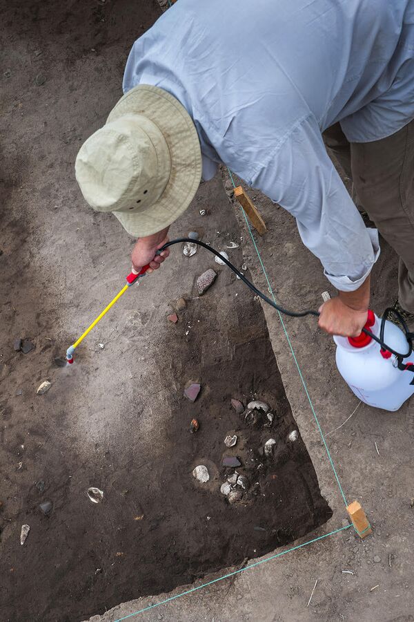 El doctor Alexandr Popov, de la Universidad Federal del Extremo Oriente de Rusia, en la excavación en Real Alto, Ecuador. El doctor Alexandr Popov, de la Universidad Federal del Extremo Oriente de Rusia, en la excavación en Real Alto, Ecuador. - Sputnik Mundo