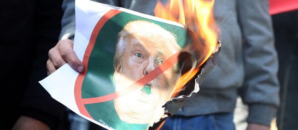 Protestante palestino con una foto de Donald Trump en llamas - Sputnik Mundo