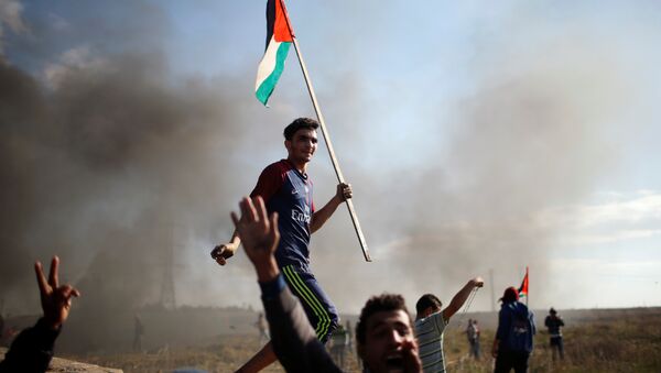 Un manifestante con la bandera de Palestina - Sputnik Mundo