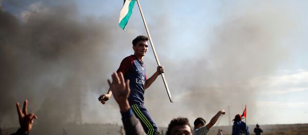 Un manifestante con la bandera de Palestina - Sputnik Mundo