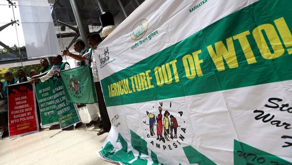 Activistas indios protestando durante la XI Conferencia Ministerial de la OMC en Buenos Aires, Argentina - Sputnik Mundo