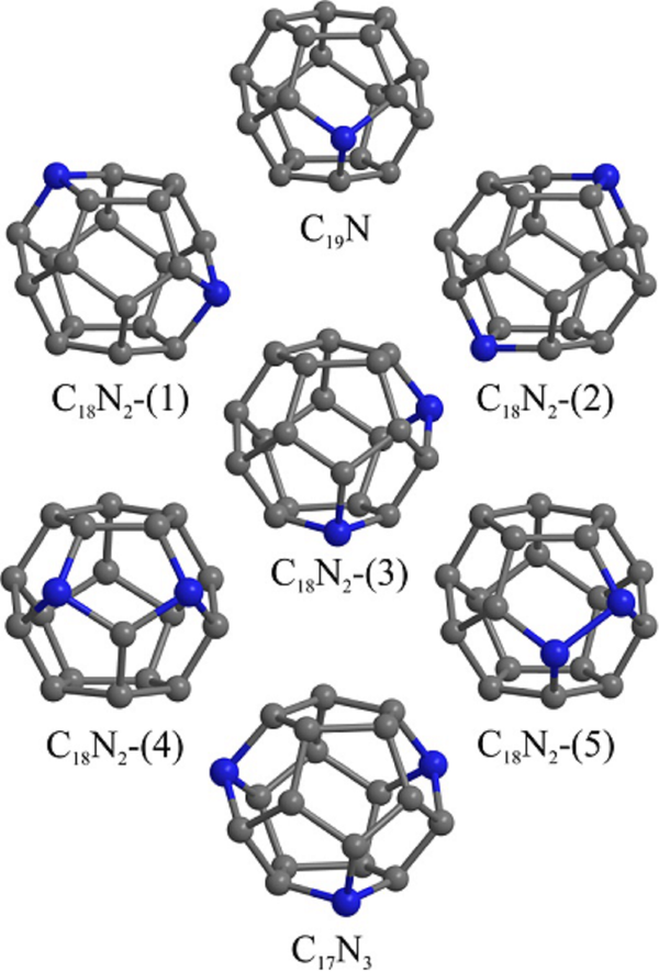Estructuras atómicas de fullerenos C20 dopados con uno, dos o tres átomos de nitrógeno. Los picos grises y azules representan átomos de carbono y de nitrógeno, respectivamente - Sputnik Mundo