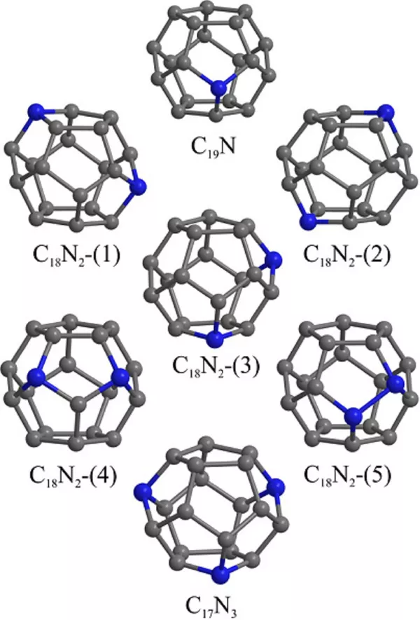 Estructuras atómicas de fullerenos C20 dopados con uno, dos o tres átomos de nitrógeno. Los picos grises y azules representan átomos de carbono y de nitrógeno, respectivamente Estructuras atómicas de fullerenos C20 dopados con uno, dos o tres átomos de nitrógeno. Los picos grises y azules representan átomos de carbono y de nitrógeno, respectivamente - Sputnik Mundo