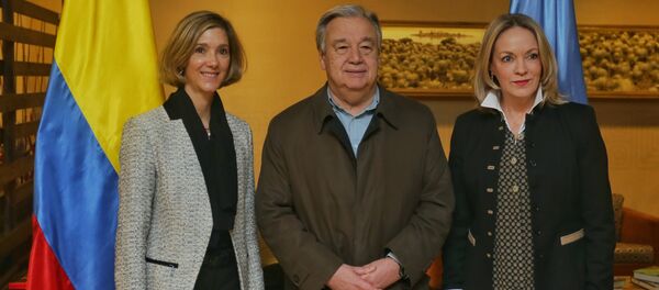 Viceministra de Relaciones Exteriores de Colombia, Patti Londoño, Secretario General de la ONU, António Guterres, y Embajadora de Colombia ante las Naciones Unidas, María Emma Mejía - Sputnik Mundo