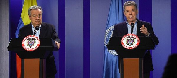 Secretario General de la Organización de Naciones Unidas, António Guterres, y presidente de Colombia, Juan Manuel Santos - Sputnik Mundo