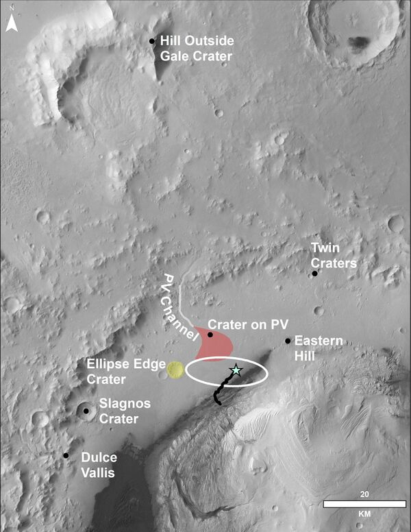 Esta foto aérea muestra la zona donde se encuentra el rover Curiosity y donde ha viajado hasta ahora. El cráter en la parte superior de la imagen se encuentra a más de 80 km del rover. - Sputnik Mundo