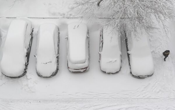 Unos autos cubiertos de nieve en la capital rusa - Sputnik Mundo