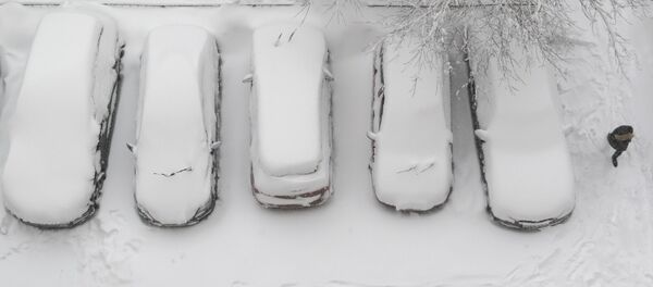 Unos autos cubiertos de nieve en la capital rusa - Sputnik Mundo