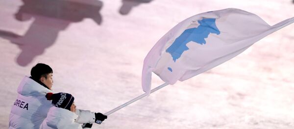 Los deportistas con la bandera de la península de Corea - Sputnik Mundo