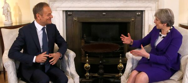Theresa May, primera ministra del reino Unido, y Donald Tusk, presidente del Consejo Europeo Theresa May, primera ministra del reino Unido, y Donald Tusk, presidente del Consejo Europeo - Sputnik Mundo