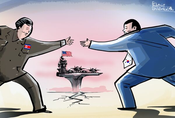 Apretón de manos histórico con portaviones de por medio Apretón de manos histórico con portaviones de por medio - Sputnik Mundo