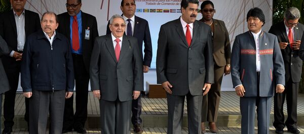 El presidente de Nicaragua, Daniel Ortega, el presidente de Cuba, Raul Castro, y los mandatarios de Venezuela y de Bolivia, Nicolás Maduro y Evo Morales - Sputnik Mundo