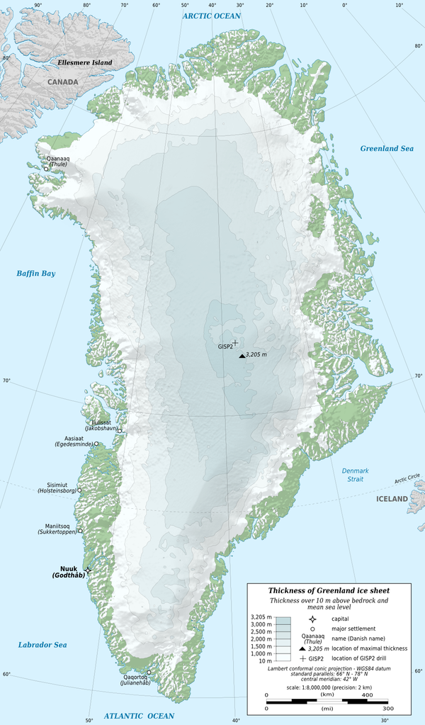 Mapa físico de Groenlandia en el que se observa el nivel de deshielo de la costa - Sputnik Mundo