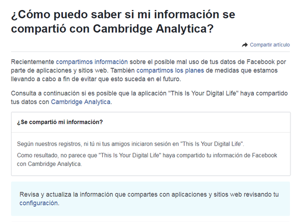 El mensaje que aparece en Facebook cuando no estás afectado por el escándalo Cambridge Analytica El mensaje que aparece en Facebook cuando no estás afectado por el escándalo Cambridge Analytica - Sputnik Mundo
