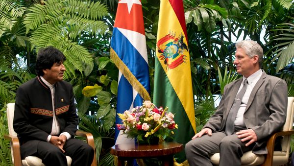 El presidente de Bolivia, Evo Morales, con su homólogo cubano Miguel Díaz-Canel El presidente de Bolivia, Evo Morales, con su homólogo cubano Miguel Díaz-Canel - Sputnik Mundo