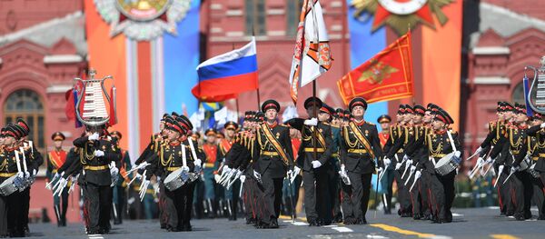 Los músicos del Colegio Militar de Música Jalílov, del Ministerio de Defensa de Rusia, que suelen abrir el Desfile de la Victoria - Sputnik Mundo