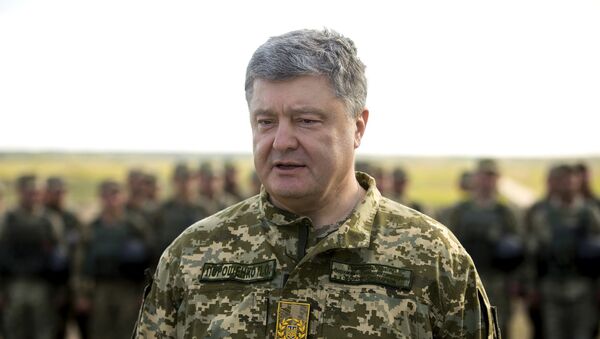 El presidente de Ucrania, Petró Poroshenko, en un campo de entrenamiento militar El presidente de Ucrania, Petró Poroshenko, en un campo de entrenamiento militar - Sputnik Mundo