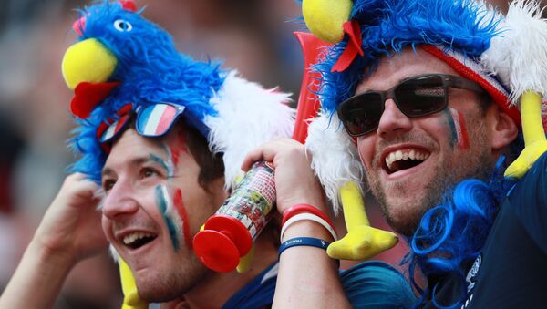 Hinchas franceses en el Estadio Luzhnikí de Moscú durante el partido de su selección contra Dinamarca, correspondiente a la fase de grupos del Mundial 2018 - Sputnik Mundo