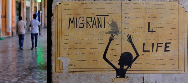 Un cartel en el que se lee 'Migrante - V es Vida' - Sputnik Mundo