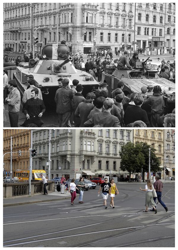 En la foto superior, tanques soviéticos en una calle de Praga el 21 de agosto de 1968. En la foto inferior, la misma calle actualmente. - Sputnik Mundo