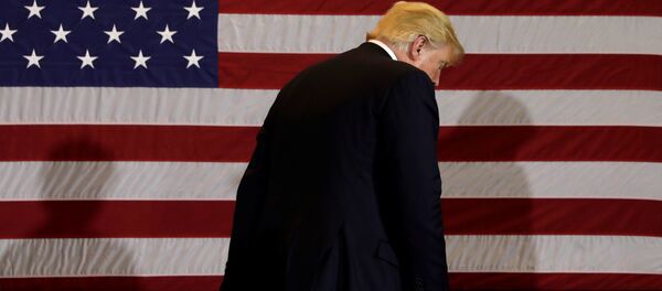 Presidente de EEUU, Donald Trump, con la bandera del país al fondo - Sputnik Mundo