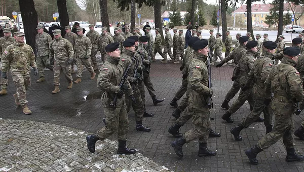 La ceremonia de bienvenida oficial para el convoy de las tropas estadounidenses en Zagan, Polonia