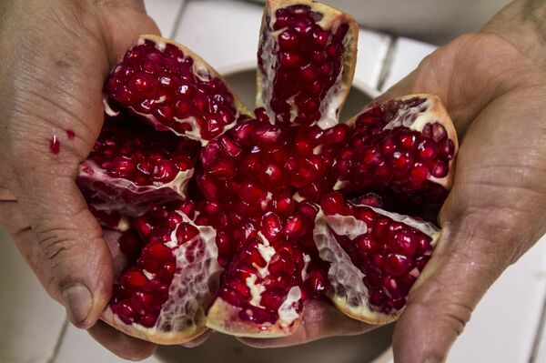 Ángeles, cocinera del Mercado Público Adolfo Ruíz Cortinez, muestra una granada. - Sputnik Mundo