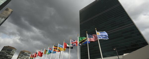 Banderas de los Estados Miembros de las Naciones Unidas frente de la sede de la ONU - Sputnik Mundo