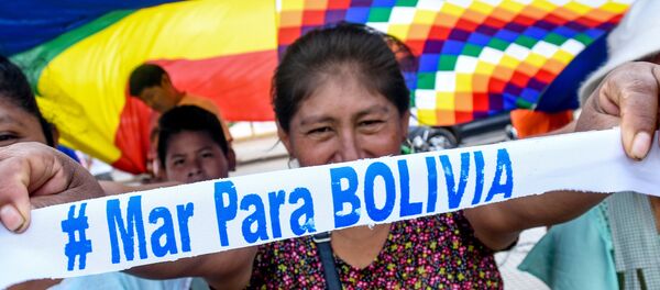 Una mujer sostiene un cartel en la vigilia de la ciudad de Santa cruz ante en espera del fallo de La Haya - Sputnik Mundo