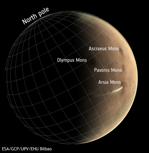 La Agencia Espacial Europea (ESA, por sus siglas en inglés) detectó una nube alargada que apareció en el área del volcán Arsia Mons en Marte - Sputnik Mundo