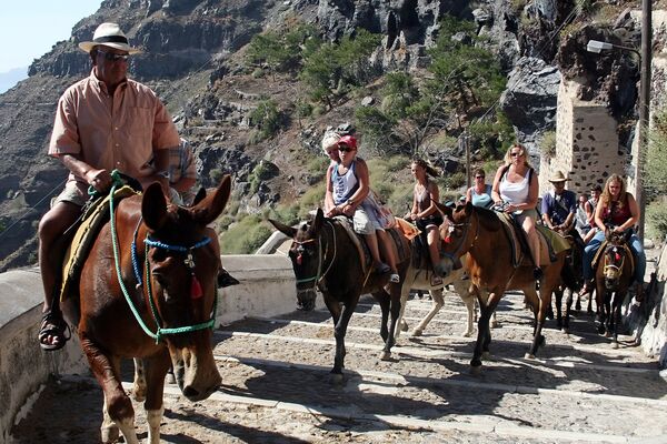 Emprendedor de la isla de Santorini saca a sus burros y caballos temprano en la mañana para atender a los turistas - Sputnik Mundo