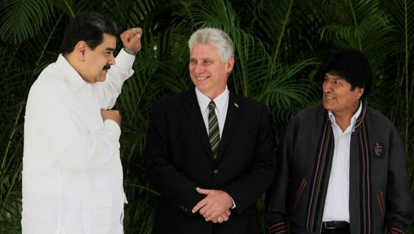 El presidente de Venezuela, Nicolás Maduro, el presidente de Cuba, Miguel Díaz-Canel, y el presidente de Bolivia, Evo Morales (archivo) El presidente de Venezuela, Nicolás Maduro, el presidente de Cuba, Miguel Díaz-Canel, y el presidente de Bolivia, Evo Morales (archivo) - Sputnik Mundo