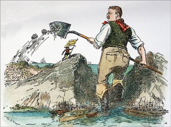 El presidente de EEUU, Theodore Roosevelt, cava el Canal de Panamá y arroja la tierra sobre Colombia (caricatura, 1904) - Sputnik Mundo