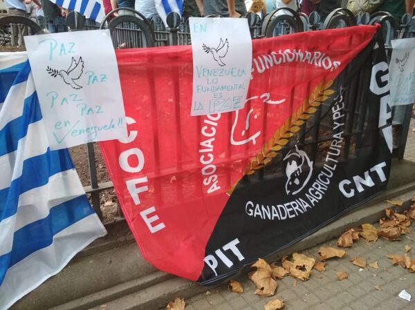 Banderas y carteles en la manifestación Diálogo y paz para Venezuela, convocada por el Pit-Cnt, el Encuentro Sindical Nuestra América y la Jornada Continental en Defensa de la Democracia y Contra el Neoliberalismo Banderas y carteles en la manifestación Diálogo y paz para Venezuela, convocada por el Pit-Cnt, el Encuentro Sindical Nuestra América y la Jornada Continental en Defensa de la Democracia y Contra el Neoliberalismo - Sputnik Mundo