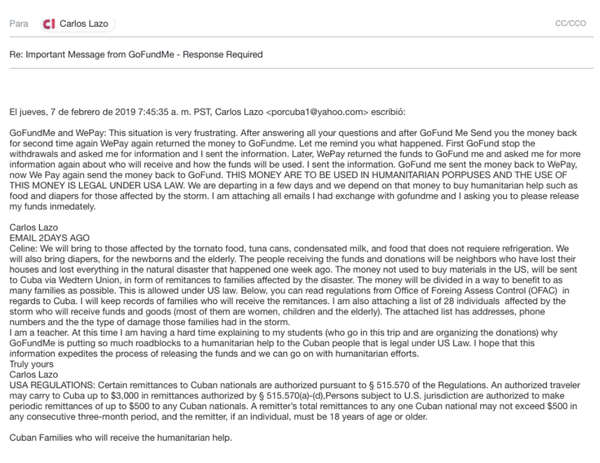 Hilo electrónico de mensajes entre el profesor cubano-estadounidense Carlos Lazo y la plataforma de crowfunding GoFundMe - Sputnik Mundo