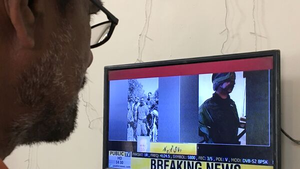 Un hombre observa las noticias donde muestran al piloto capturado Un hombre observa las noticias donde muestran al piloto capturado - Sputnik Mundo