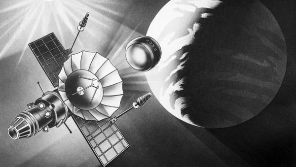 Ilustración de la estación interplanetaria automática soviética Venera-9 y su vehículo de descenso Ilustración de la estación interplanetaria automática soviética Venera-9 y su vehículo de descenso - Sputnik Mundo